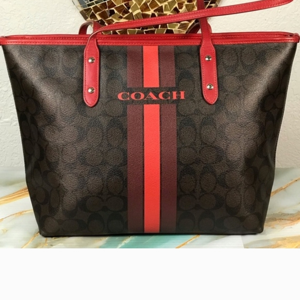 COACH Varsity Stripe City Zip Tote Bag  2016   11.75"x10.5"x5.5" - Picture 2 of 14